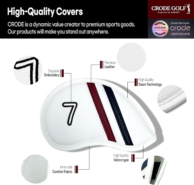 CRODE Golf Club Head Covers Premium Leather for Iron(9pcs/Set), Driver, Fairway Wood, Hybrid, Blade Putter, and Mallet Putter Cover Fit Most Brands