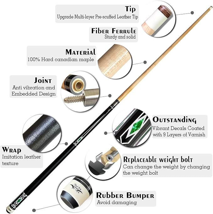 Tai ba cues 2-Piece Pool cue Stick + Hard Case, 13mm Tip, 58", Hardwood Canadian Maple Professional Billiard Pool Cue Stick 18,19,20,21,22 Oz Pool Stick (Selectable)-Blue, Black, Red, Gray, Green