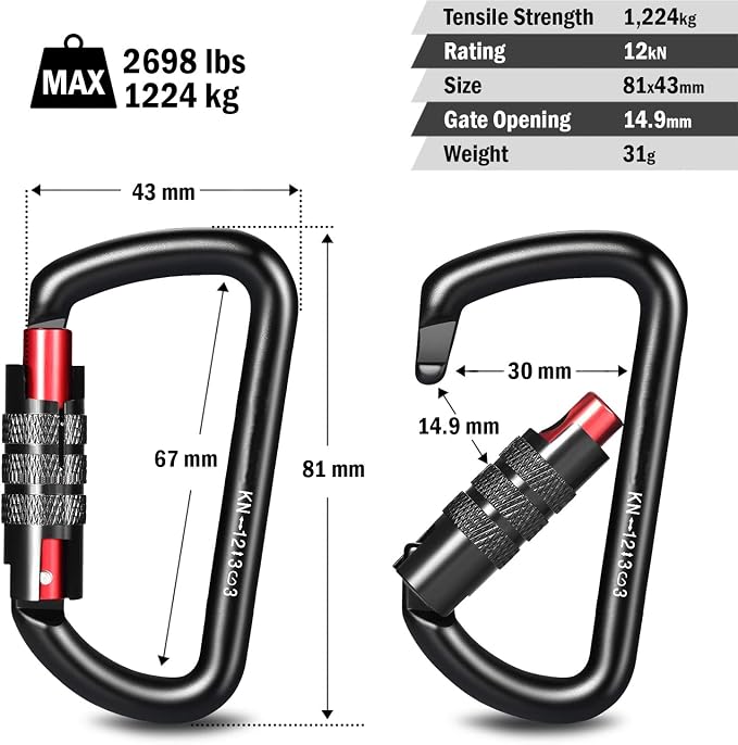 FresKaro 3pcs 25kN Climbing Carabiners with 2pcs 12kN Twist Lock Carabiners, Black Color