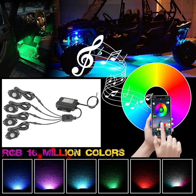 OFFROADTOWN RGB LED Rock Lights Kit 4 pods Neon Trail Rig Light Underglow with Bluetooth App Control for UTV ATV Polaris Can-Am Yamaha Honda Kawasaki Boat Motorcycle