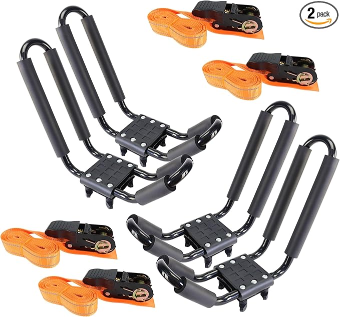 2 Pairs Heavy Duty Kayak Roof Rack J-Bar Carrier Holder - Includes 4 Pcs Ratchet for Canoe, SUV, Cars, Truck, Surf Ski, Tie-Mount on Car Roof Top Crossbar for Trip, Set of 4