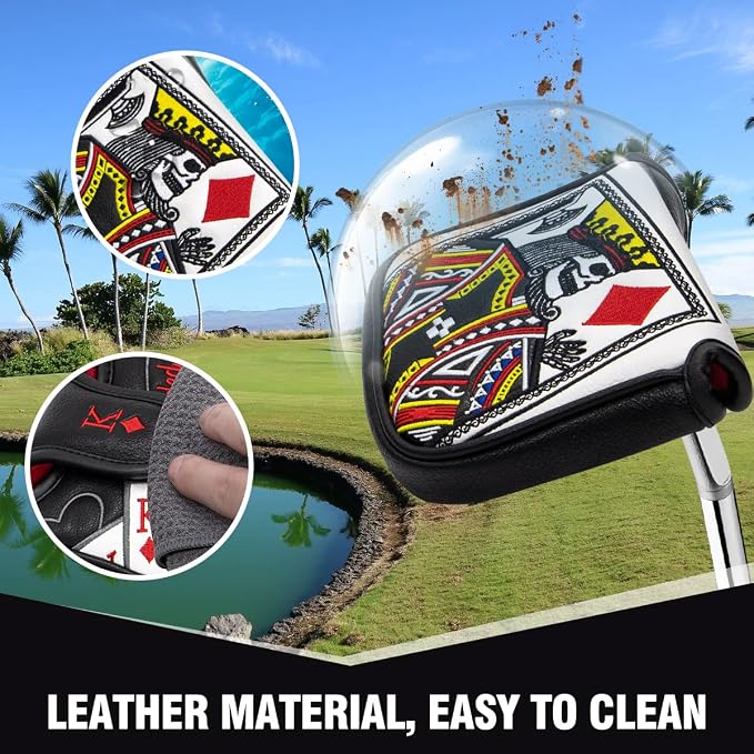 Golf Club Covers Poker Diamond King Driver Cover Fariway Wood Headcover 3 Hybrid Head Covers Blade Putter Cover Mallet Putter Haedcovers with Magnetic Closure for Most Brand