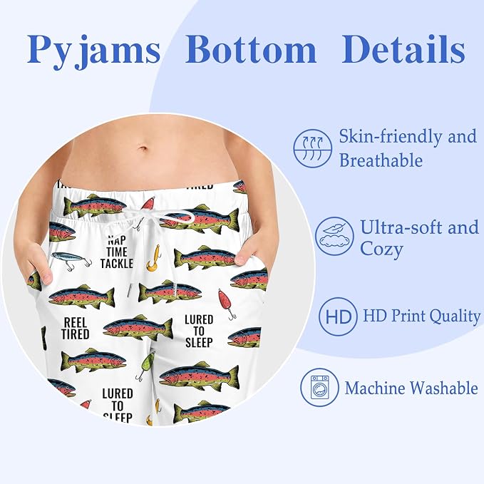 KOYI Fish Pajama Pants, Funny Fishing Print Lounge Pants, Cozy Unisex Sleepwear for Men Women, Novelty Pajama Bottoms