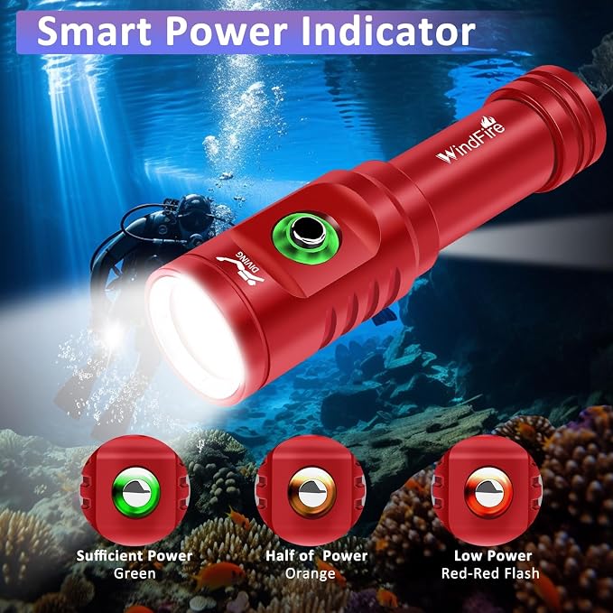 WINDFIRE TS08 Dive Light Super Bright, Scuba Flashlight Rechargeable, IP68 Waterproof 197 ft Depth Underwater Flashlight, 3 Modes & Power Indicator, Snorkeling Torch for Night Diving