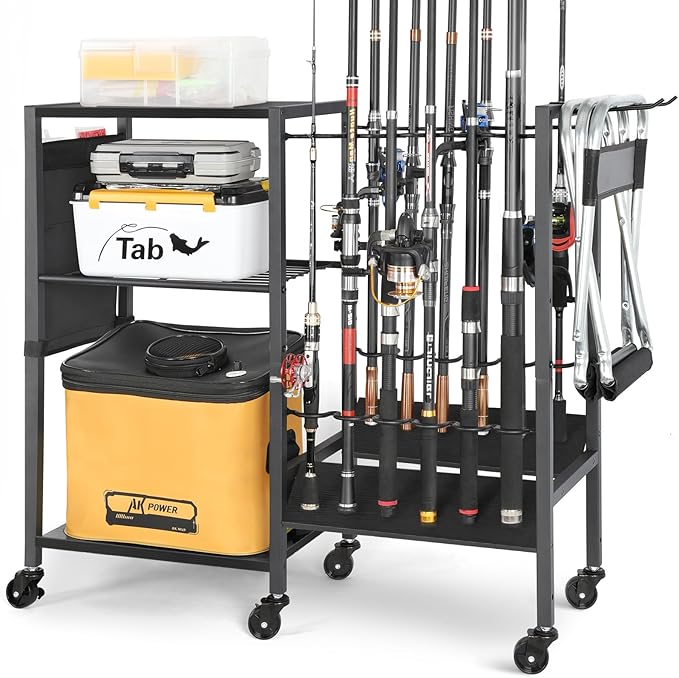 Olakee Fishing Rod Holders, Rolling Fishing Rod Rack for Garage & Boat, Tackle Box & Reel Holder Cart, Easy Assembly Fishing Gear Management System, Ideal Birthday Gift for Men Dad Anglers
