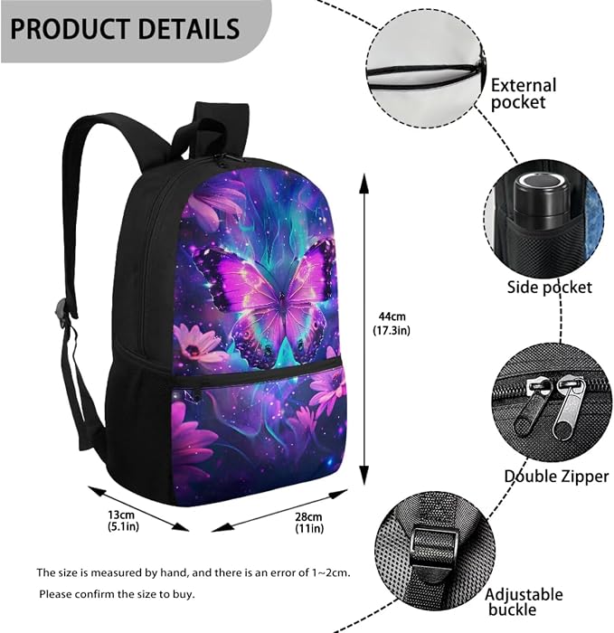 Galaxy Butterfly Backpack for Girls School Bag with Lunch Box Pencil Case Water Bottle Holder 4 PCS Bookbag Casual Boys Daypack Back to School Accessories