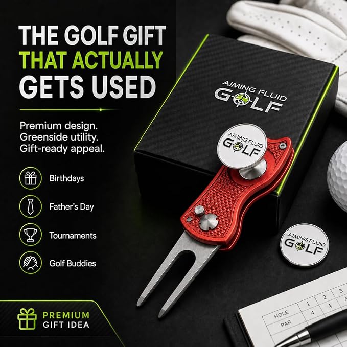 Golf Divot Repair Tool — 5-in-1 Golfing Ball Marker, Pitch Mark Repair, Putting Alignment, Club Tee, and Groove Cleaner, Accessory Metal Switchblade Design - Ideal Gift for Golfers