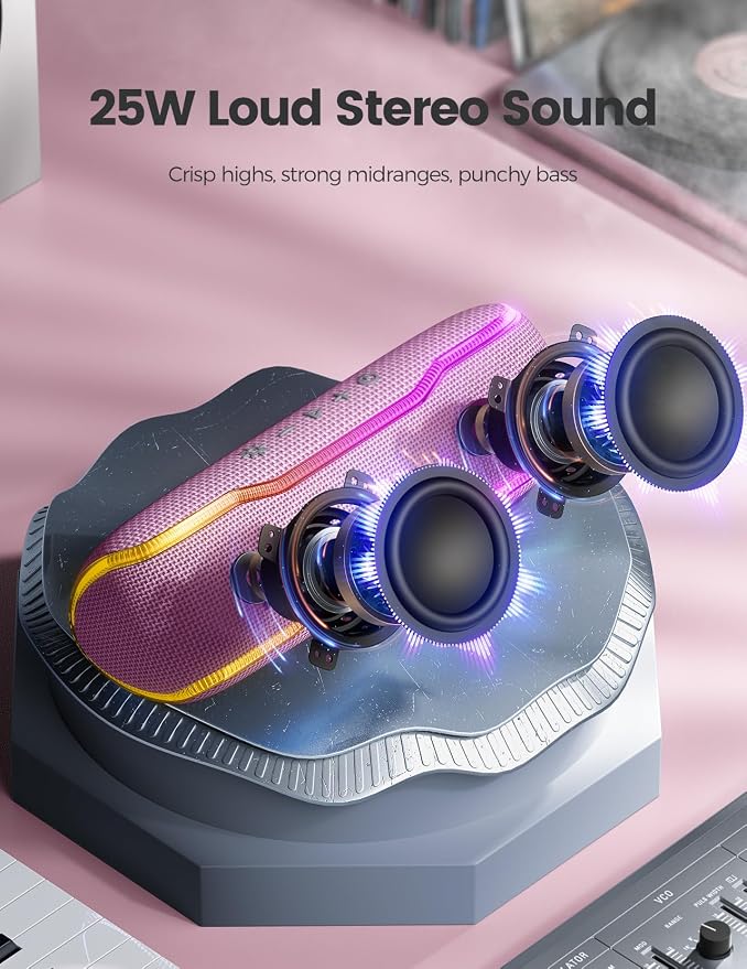 ERKEI SEHN Bluetooth Speaker, IPX7 Waterproof Wireless Speakers, Flashing Light, 25W Super Bass, 24H Playtime, Graduation Birthday Gifts for Him, TWS Pairing, Beach Essentials, Pink