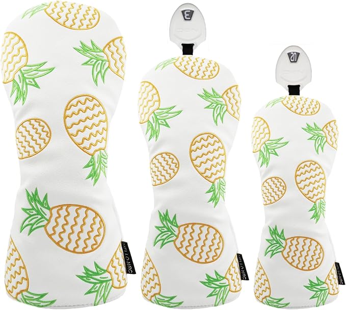 Pineapple Golf Headcovers Set of 3 Driver Fairway Hybrid Covers,Synthetic Leather Rotatable Headcovers for Woods and Driver,3pcs Unisex White or Yellow Golf Club Head Covers