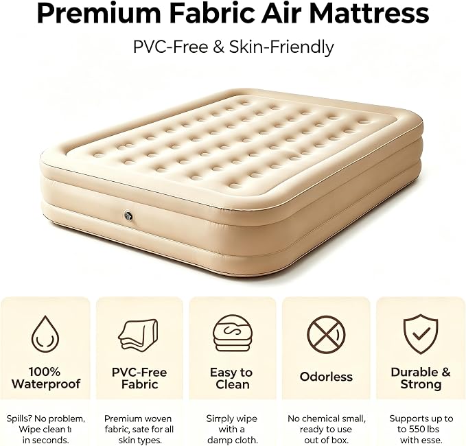 Queen Air Mattress with Fast Inflation Pump, Queen Air Mattress - Leak-Free & Odorless Inflatable Bed for Travel and Guests, Supports up to 650 lbs - Ideal for Camping and Home, 16" Height