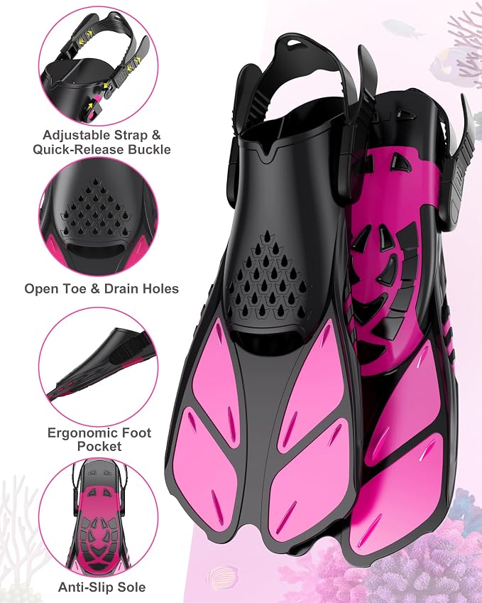 Viginsul Snorkeling Gear for Kids Teens, Full Face Snorkel Mask & Adjustable Swim Fins Snorkel Set, Panoramic View Snorkel Mask with Dry Top System & Gear Bag, Anti-Fog Anti-Leak