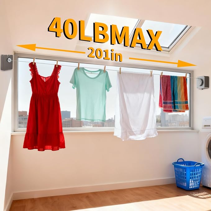Anti-Sag Retractable Clothesline 40LB Capacity - 201in Stainless Steel Laundry Line for Indoor Outdoor, Wall Mounted Space Saving Easy Install (White, Single line)