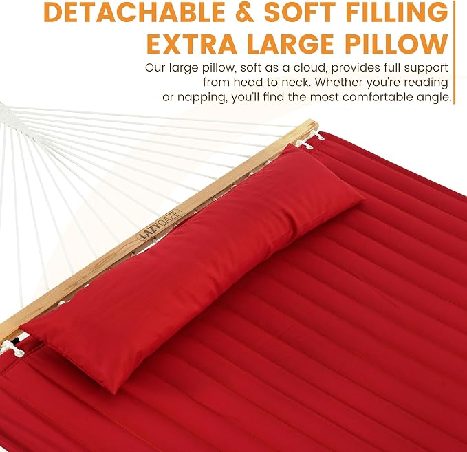 Lazy Daze Hammocks 10.5FT 2 Person Double Quilted Fabric Hammock with Spreader Bar, Detachable Pillow, Side Pocket, Carabiners, Chains, Straps for Outdoor, 450lbs Capacity, Burgundy