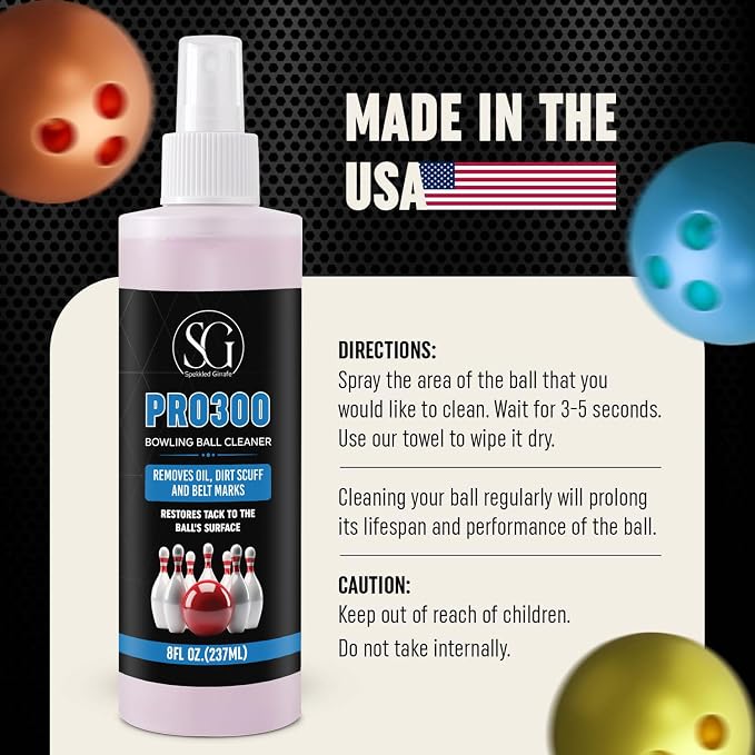 Bowling Ball Cleaner Spray - Oil, Scuff, and Belt Mark Cleaner Restores Tack, Prolongs Lifespan of Ball - EPA Safer Bowling Ball Restoration - Bowling Accessories - 8FL Oz