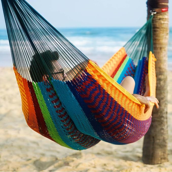 Lazy Daze Hammocks Handwoven XL Mayan Hammock, 10.5 FT Soft Rope Double Hammocks, Portable Outdoor Hammock with Carry Bag, 2 Straps & Carabiners for Patio Outside, 550 lbs Weight Capacity, Multi Color