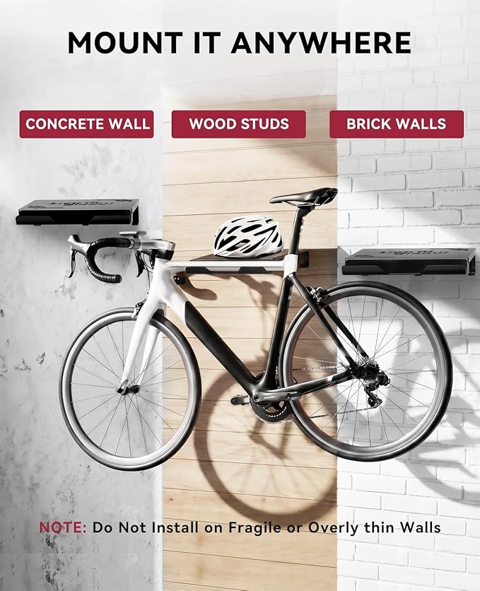 HAPBEAR Bike Wall Mount Rack with Shelf & 2 Adjustable Hooks-3mm Heavy Duty Galvanized Steel Indoor Bicycle Storage for Garage/Apartment-Fits Mountain & Road Bikes-Max 110lbs, Includes Wheel Strap