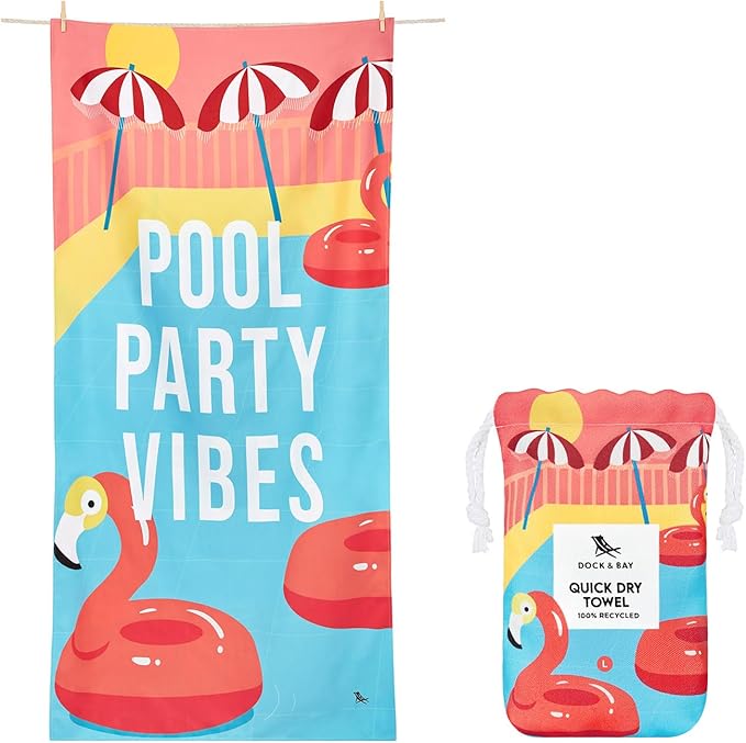 Dock & Bay Beach Towel - Quick Dry, Sand Free - Compact, Lightweight - 100% Recycled - Includes Bag - Pool Party Vibes - Extra Large (200x90cm, 78x35)