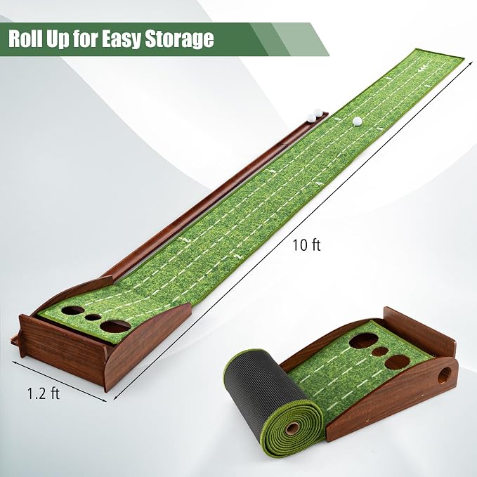 Tangkula 10 FT Golf Putting Green, 2/3-Hole Golf Putting Practice Mat with Auto Ball Return for Indoors & Outdoors, Alignment Guides & 3 Golf Balls, Mini Golf Game for Home and Office
