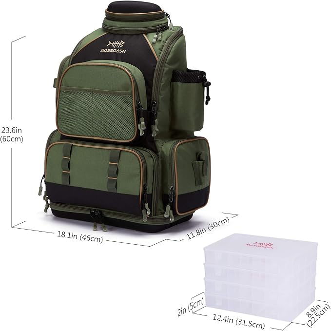 BASSDASH Fishing Tackle Backpack Water Resistant Tactical Bag Soft Tackle Box with Rod Holder and Protective Rain Cover
