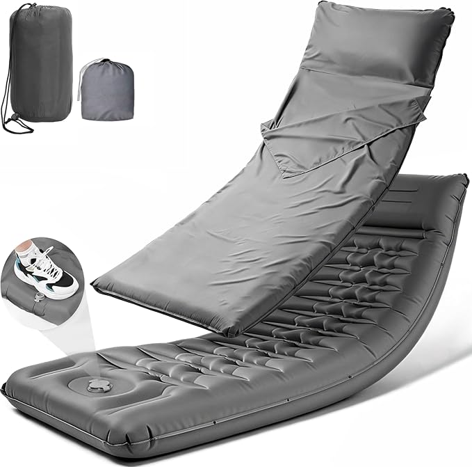Camping Sleeping Pad, Extra Thick 5 Inch Self Inflating Camping Mat with Ultralight Sleeping Bag Liner Travel Sheet, Camping Pads with Pillow & Foot Pump for Outdoor Hiking, Backpacking, Travel(Grey)
