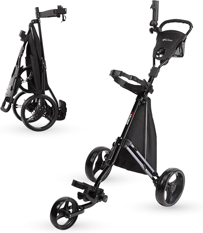 PRECISE Cruiser 3-Wheel Golf Push Cart with Foot Brake & Stabilizer Rods – Folding Golf Trolley, Ergonomic Handle, Detachable Storage Bag, Scorecard & Cup Holder