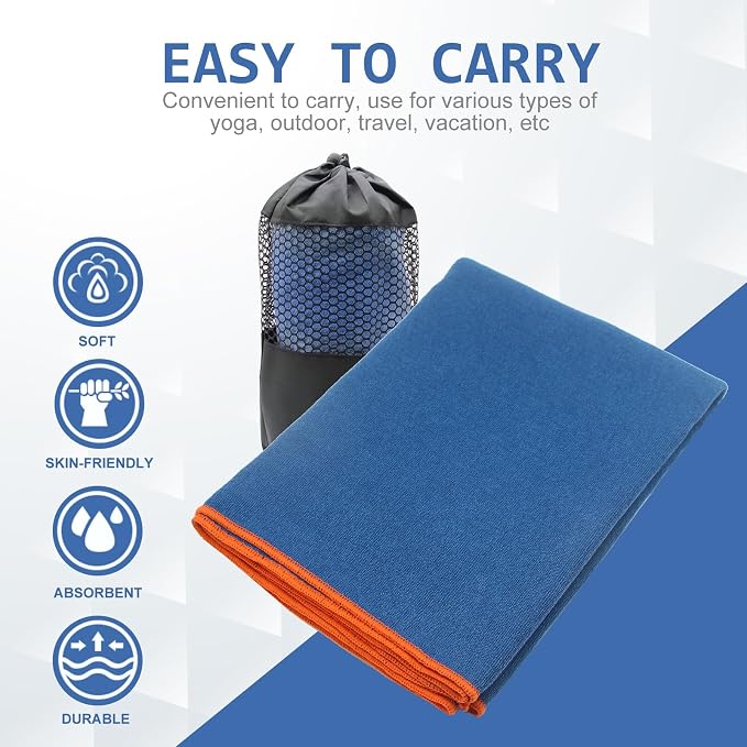 Eunzel 2 Pack Hot Yoga Towel with Grip Dot, Non Slip Yoga Mat Towe Sweat Absorbent Towel for Hot Yoga,Bikram, Pilates and Fitness 72" x 24", Dark Cyan/Steel Blue