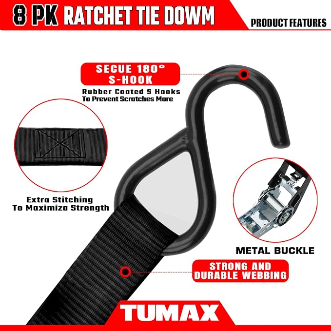 Ratchet Straps, 900 LB Break Strength, 8-Pack 10FT Ratchet Tie Down Straps Set for Motorcycle Straps Tie Downs, Appliances, Lawn Equipment, Logistic Cargo Straps for Trucks (Black)
