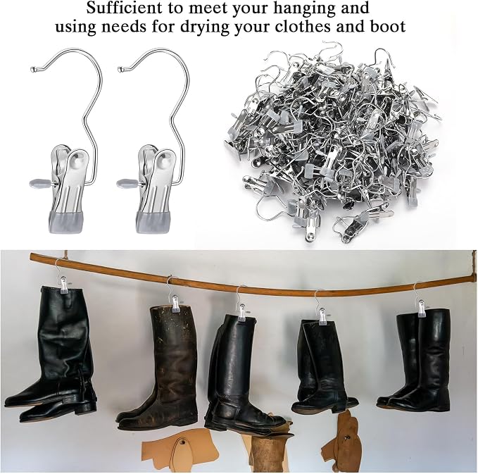 Yinder 150 Pcs Boot Hangers Clips Laundry Hooks Hanging Stainless Steel Clothes Pins Portable Clip Hangers for Closet Travel Socks Pants Handbags Hats Towels (Gray)