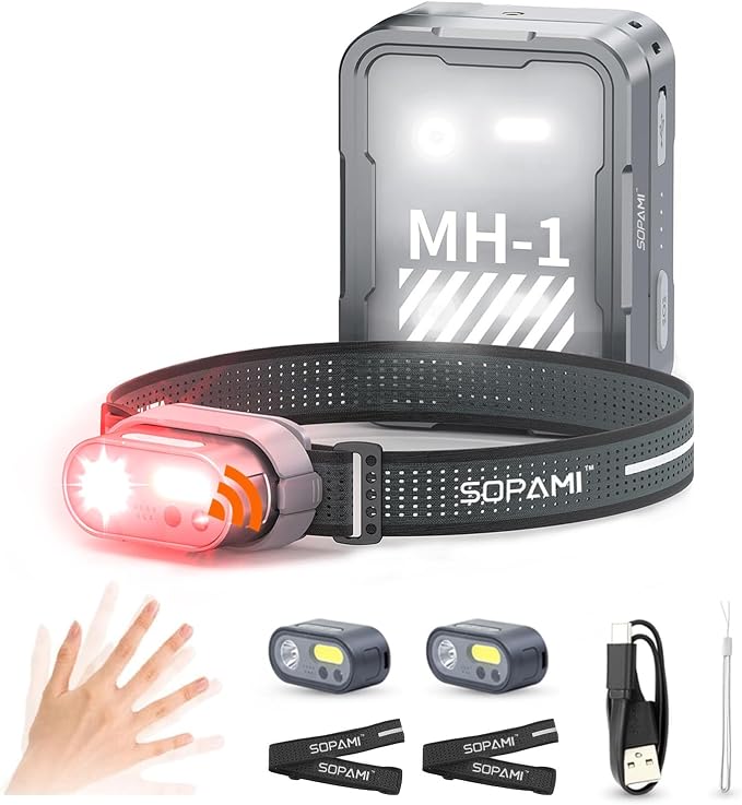 SOPAMI Rechargeable Headlamp, 2 Pack with Charging Case & Lantern, 3000 Lumens Super Bright, Motion Sensor Control, 8 Modes Waterproof Headlight for Camping, Hiking, Running, Emergency, Work
