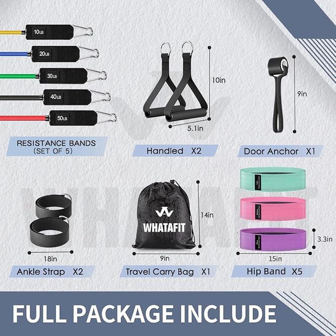 WHATAFIT Resistance Bands, Exercise Bands, Workout Bands with Handles, Door Anchor and Ankle Straps, 5 Resistance Levels Fitness Bands for Strength Training, Physical Therapy, and Home Gym Equipment