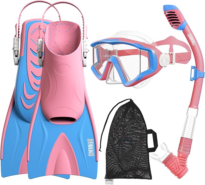 Aegend Snorkeling Gear for Kids Youth – 4-in-1 Snorkel Set with Anti-Fog Mask, Dry Snorkel & Adjustable Fins for Swimming, Diving, Snorkeling, Beach Vacation – Includes Travel Mesh Bag