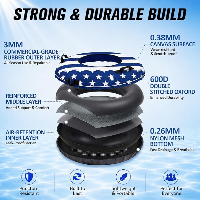 ZEALFEEL River Tube, 48'' Heavy Duty Rubber River Float Tube with Commercial Grade Inner Tube, Premium Canvas Cover, Removable Cup Holder & Tow Strap, Inflatable Tube for Adults Lake Pool Floating