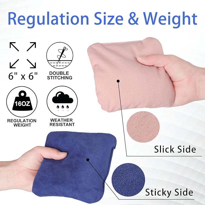 EunHo Regulation Cornhole Bags Set of 8 - Dual Sided Slick and Stick Cornhole Bean Bags for Tossing Game Professional All Weather Pro Corn Hole Bags with Tote Bag