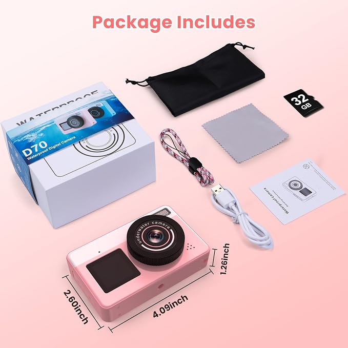4K Underwater Digital Camera for Kids: 10FT Waterproof Camera - 48MP Floating Camera for Snorkeling - Surfing - Swimming - Dual-Screen Selfie - Autofocus - 18X Zoom - 32GB TF-Card - Pink - 2026 New