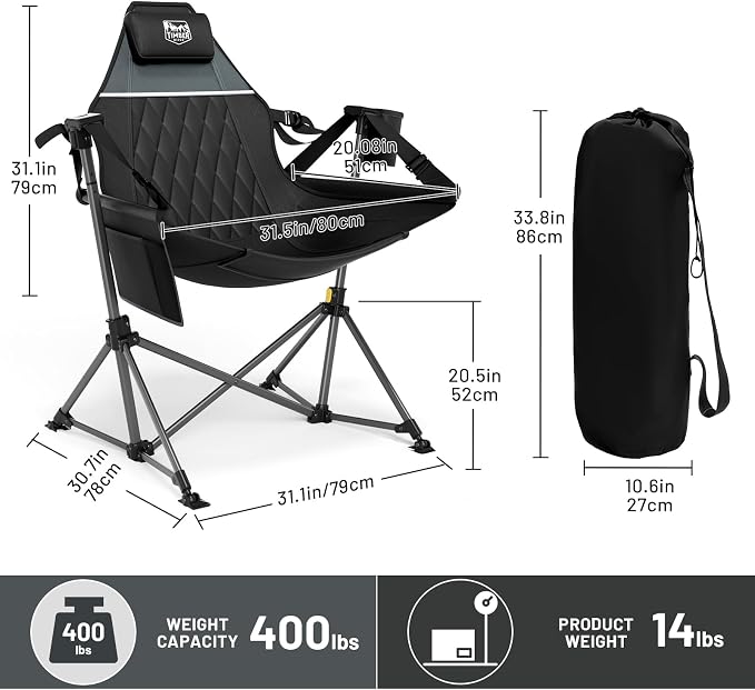 TIMBER RIDGE Hammock Camping Chair, Oversized Swinging Hammock Chair with Adjustable Back and Seat for Outdoor Lawn, Sports, Supports 400lbs, Black