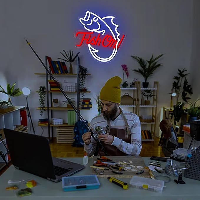 Fishing Neon Sign for Wall Decor Fishing Led Neon Light for Man Cave | Dimmable Neon,Fisherman Birthday Fishing Gifts,Led 5V USB Powered,Fishbowl,Fish Room Decor,Business Shop Wall Art,12.9*14.4in