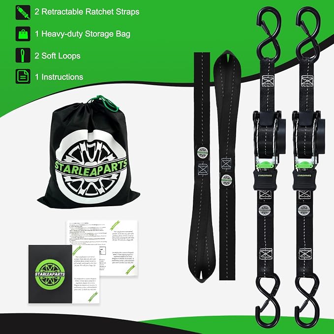STARLEAPARTS Retractable Ratchet Straps(2PK) - 1,500lb Break Strength, Ratchet Straps Heavy Duty with Soft Loop Tie Downs, Perfect Auto Ratchet Strap for Motorcycle, Kayak and Trucks (Black)
