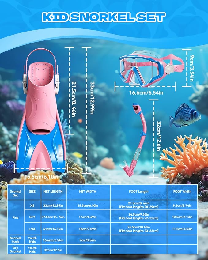 Aegend Snorkeling Gear for Kids Youth – 4-in-1 Snorkel Set with Anti-Fog Mask, Dry Snorkel & Adjustable Fins for Swimming, Diving, Snorkeling, Beach Vacation – Includes Travel Mesh Bag