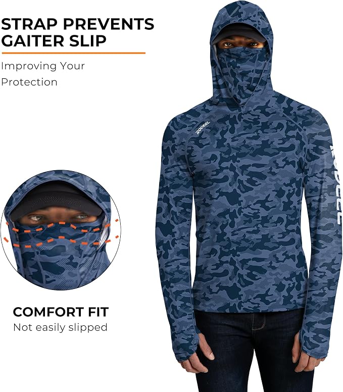 Rodeel Men's UPF 50+ Performance Fishing Hoodie, Long Sleeve Sun Protection Athletic Quick-Dry Breathable T-Shirt