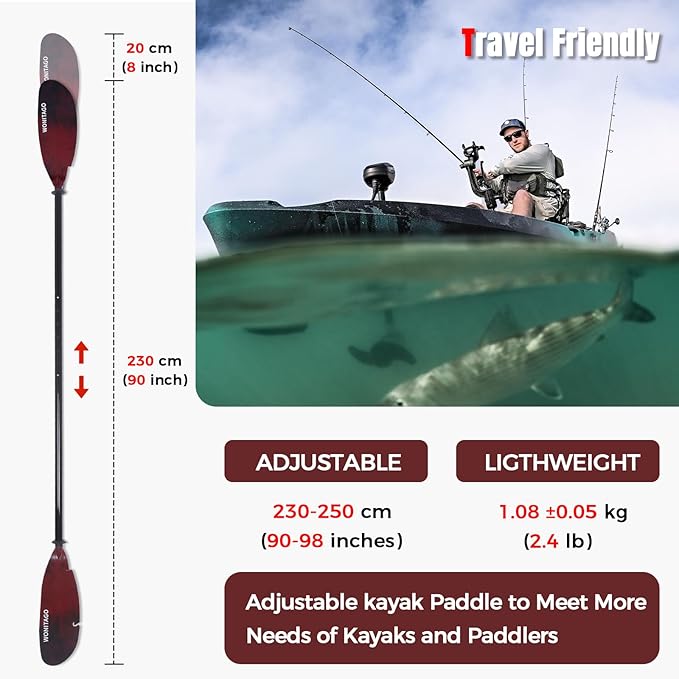 Angler Kayak Paddle Carbon Fiber Shaft and Plastic Blade, Floating Adjustable Fihsing Kayak Oar with Paddle Leash, 230-250cm/90-98 inch