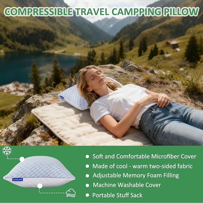 Travel Pillow - Large 1 Pack Compressible Camping Pillow for Sleeping - Shredded Memory Foam with 1 Storage Bags - Supportive for Adults, Kids, Outdoor, Backpacking, Hiking Gear