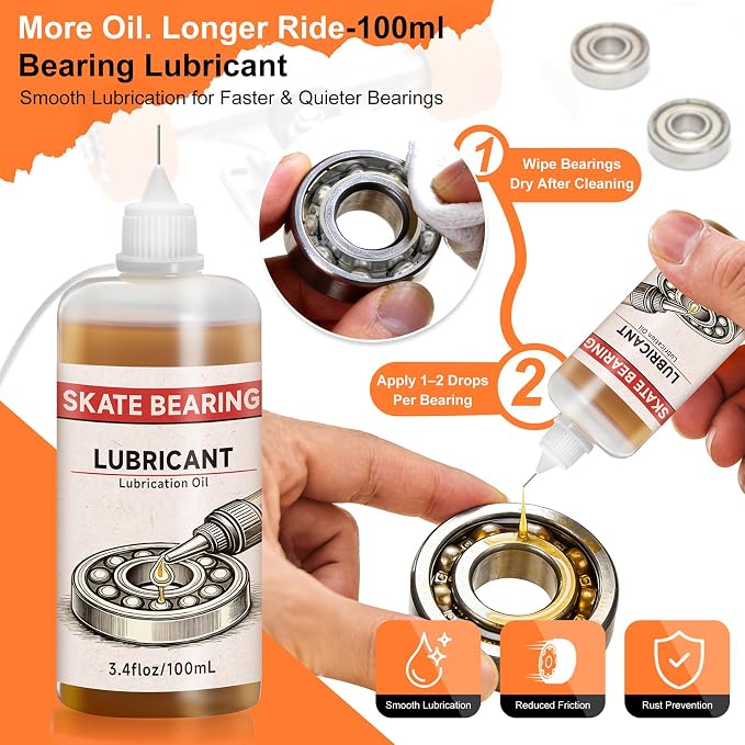 Skate Bearing Cleaning Kit – Portable Complete Bearing Maintenance System with Cleaning Bottle, 200ml Cleaner, 100ml Lubricant Oil, Bearing Press Puller & T Tool for Skateboard & Roller Skates