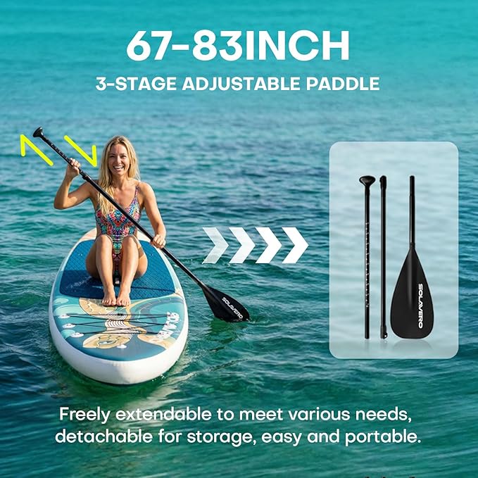 SOLAVERO Stand Up Paddle Board, 11‘ Inflatable SUP Supports 500LB - Wide Stable Board with Non-Slip EVA Deck for Adults & Youth of All Skill Levels