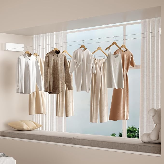 Retractable Clothesline Indoor, Non-Sagging Clothes line retracting Outdoor, Heavy Duty Wall Mounted Laundry Line Adjustable Stainless Steel for Laundryroom, Bathroom, 15.8 Feets Double Lines White