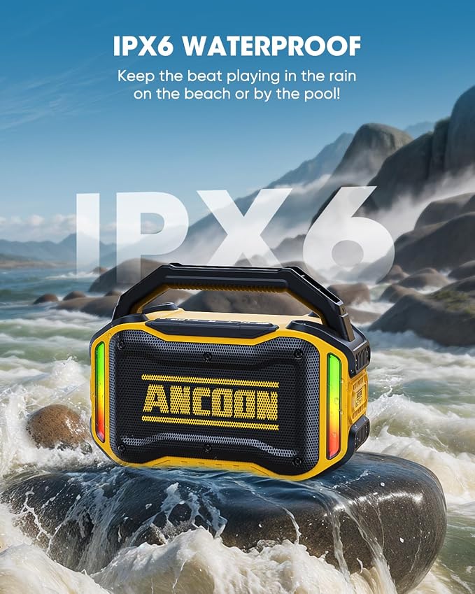 ANCOON Speakers Bluetooth Wireless: 80W(Peak) Loud Speaker with Bass, 20H Playtime, IPX6 Waterproof, Large Jobsite Speakers for Work, Outdoor, Workshop, Garage, Portable Speaker with TWS (Yellow)