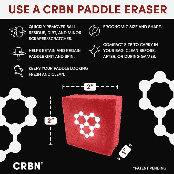 CRBN Pickleball - Paddle Eraser, Best Carbon Fiber Pickle Ball Racket Cleaner, Fast & Easy Rubber Bar to Remove Ball Residue, Dirt, & Minor Scrapes/Scratches - Choose 1 Pack or 2 Pack