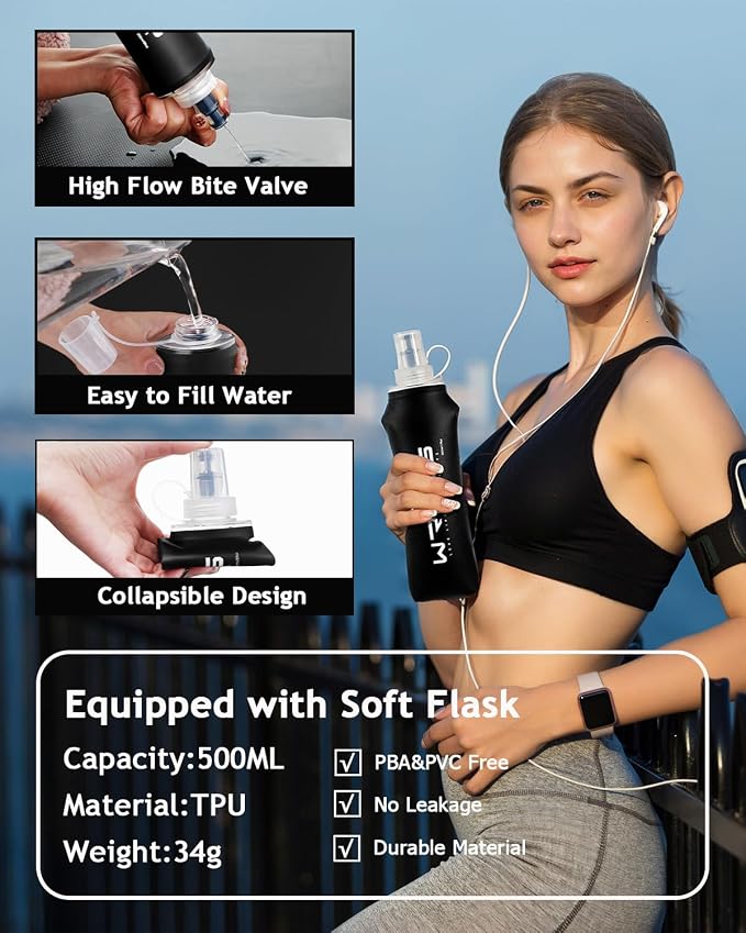 WRELS Running Vest for Women Men,Lightweight Reflective Hydration Vest with TPU 500ml Soft Flask,Adjustable Chest Straps Phone Pocket for Running Marathon