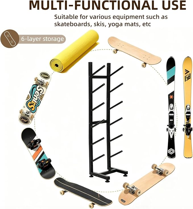 6-Tiers Heavy Duty Skateboard Racks Floor Stand, Skateboard Wall Mount, Snowboard Racks, Space Saving Storage for Garage Bedroom Skate Shop Gym, Black