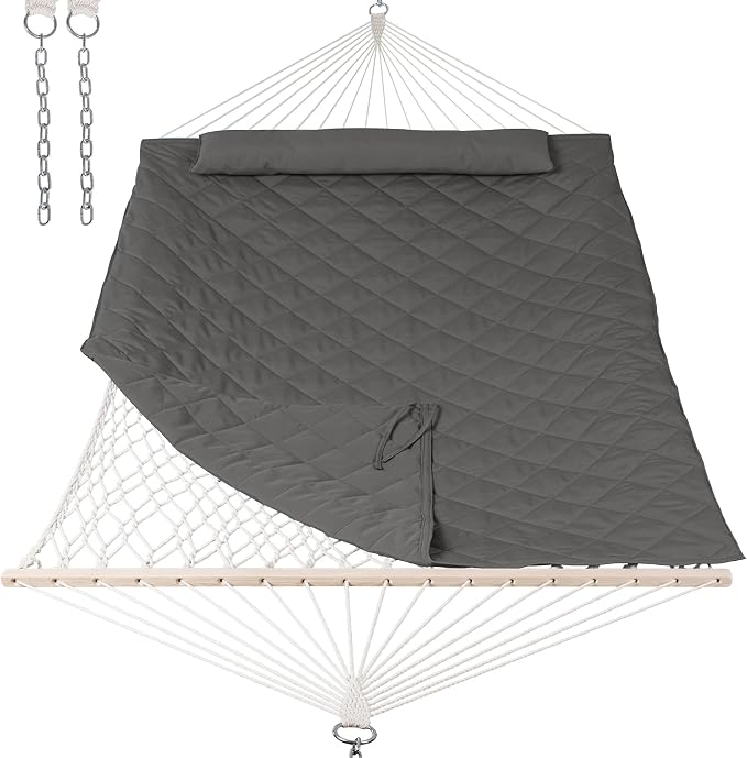 ANOW Outdoor Rope Hammock with Spreader Bars, Heavy Duty Hammock with Pad for Outdoors Indoors, 450 LBS Weight Capacity, Gray