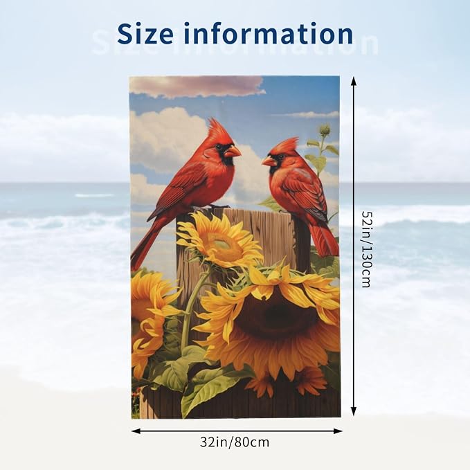 Cute Bird Beach Towel,32x52in,Quick-Dry Sand-Free Bath Towels,Microfiber Lightweight for Travel Pool Yoga Beach Outdoor Activities Decor Accessories Gifts (Red Cardinal Sunflower)